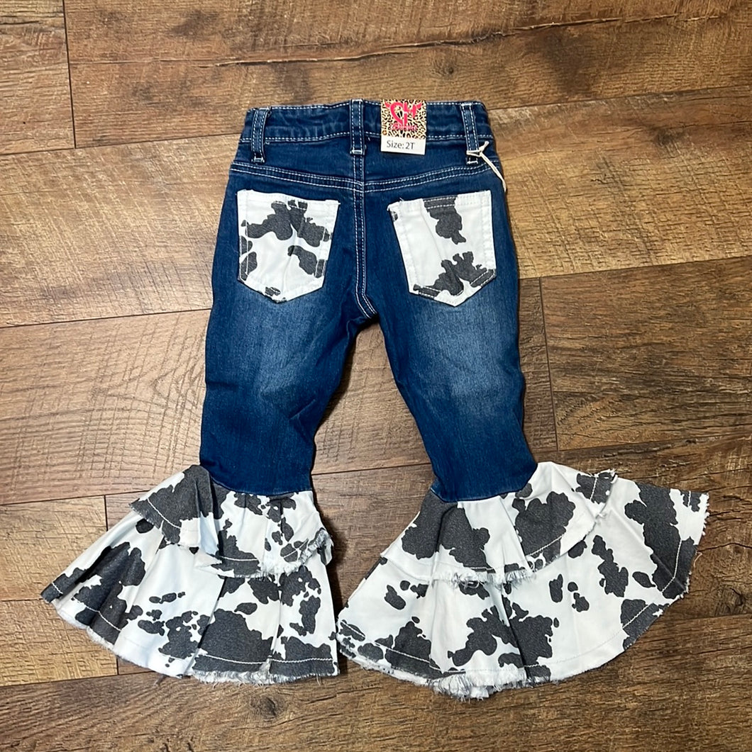 TODDLER Cowgirl Tuff Cowprint Double Ruffle Jeans