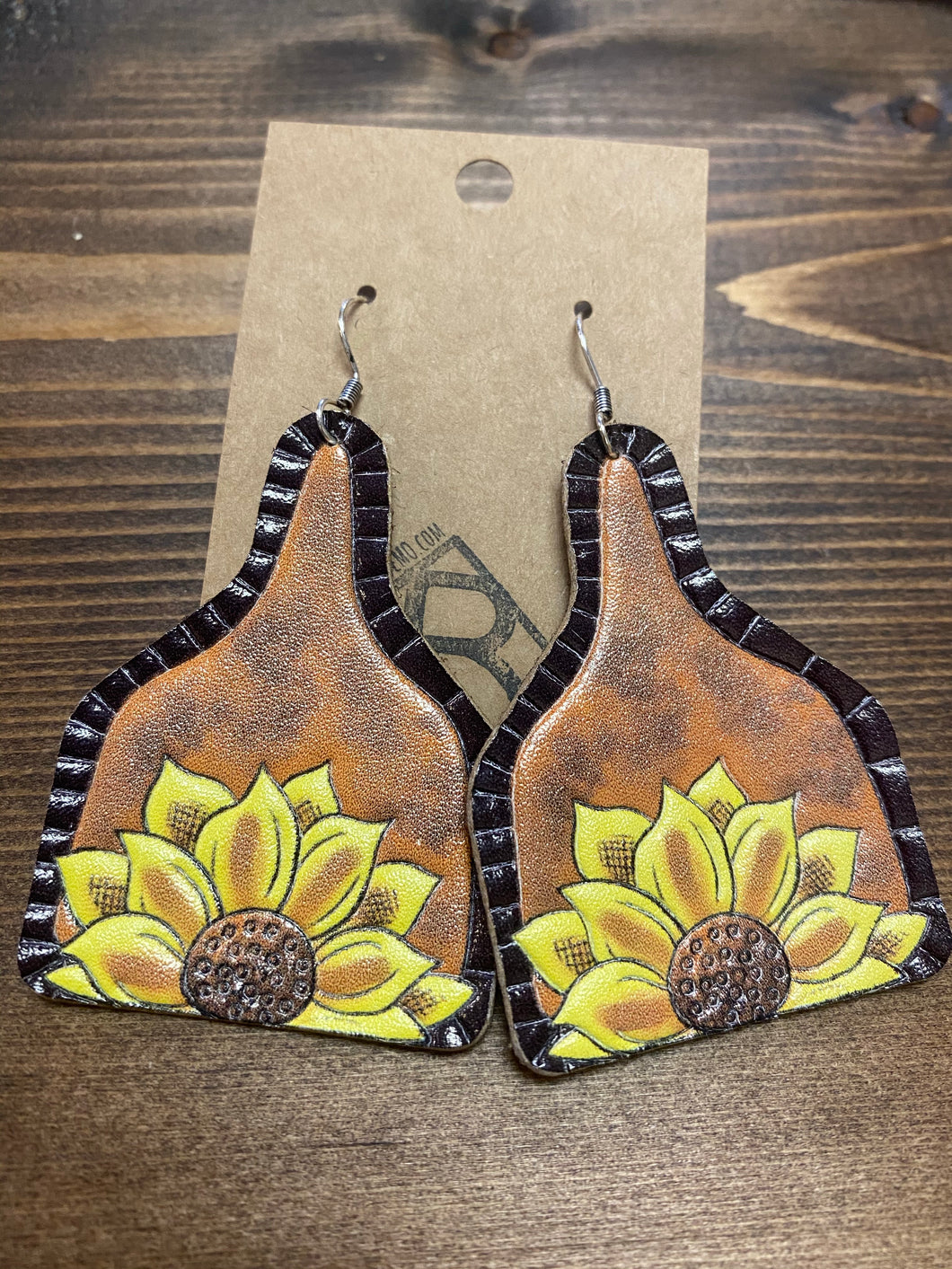 Sunflower Cow Tag Leather Earrings