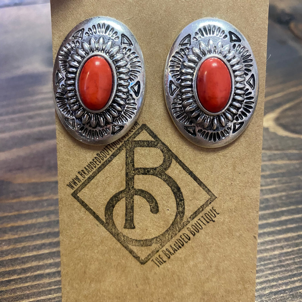 Oval Red Concho Earrings